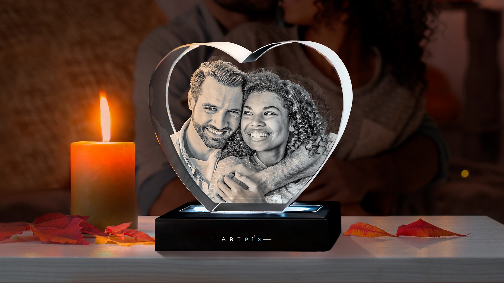 A heart-shaped 3D Crystal with a custom couple’s portrait for Valentine’s Day. 