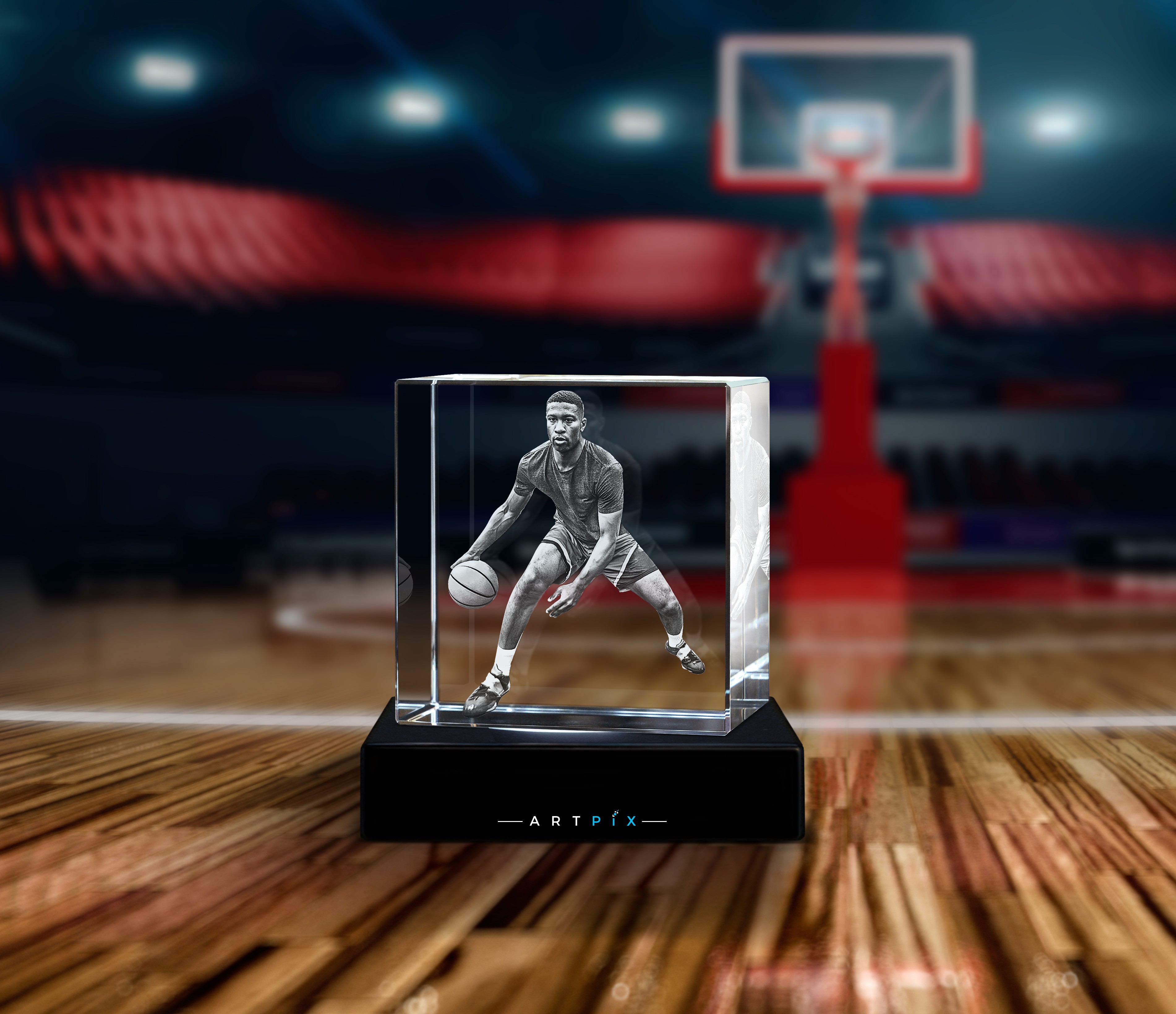 A photo of an athlete playing basketball engraved inside a 3D Crystal.