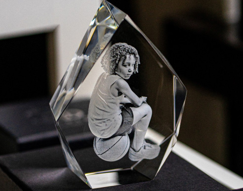 A personalized crystal with a 3D photo of a memory inside.