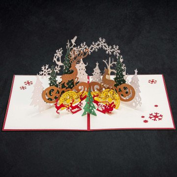 3D Christmas Red Reindeer Card An open 3D Christmas Card with a festive pop-up display of reindeer inside