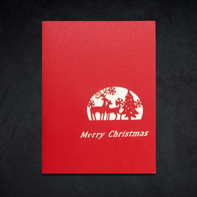 3D Christmas Red Reindeer Card A closed 3D Christmas Card with an image of holiday reindeer on the front