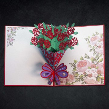 3D Rose Flower Set Card An open 3D Rose Flower Set Card with a pop-up bouquet inside