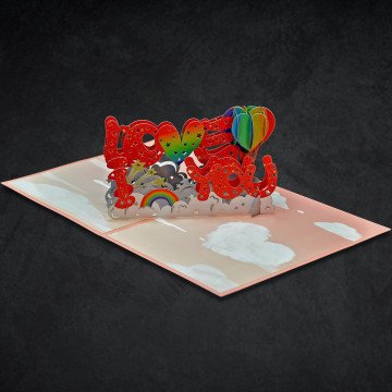 An open greeting card that says “I Love You” in pop-up letters
