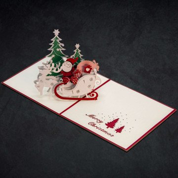 3D Little Santa in the Sleigh Card An open 3D Little Santa in the Sleigh Card with a pop-up holiday scene inside