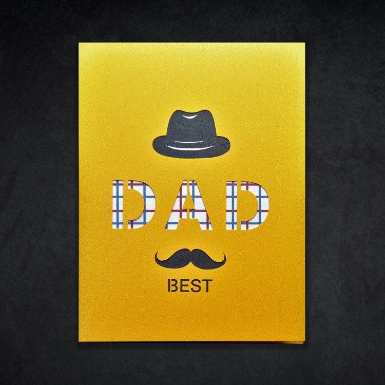 Best Dad Ever Greeting Card A closed Father’s Day greeting card with a cute mustache and hat design