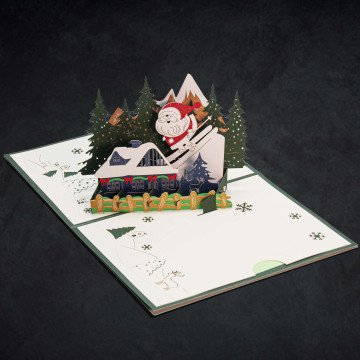 3D Big Santa in the Sleigh Card An open 3D Greeting Card with a pop-up holiday display of Santa in his sleigh