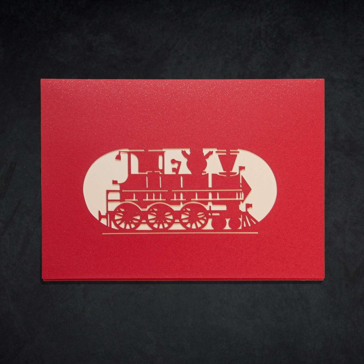 3D Christmas Train Card A closed 3D Christmas greeting card with a red train design on the front