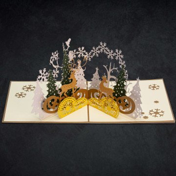 3D Christmas Yellow Reindeer Card An open 3D Christmas greeting card with festive pop-up reindeer inside