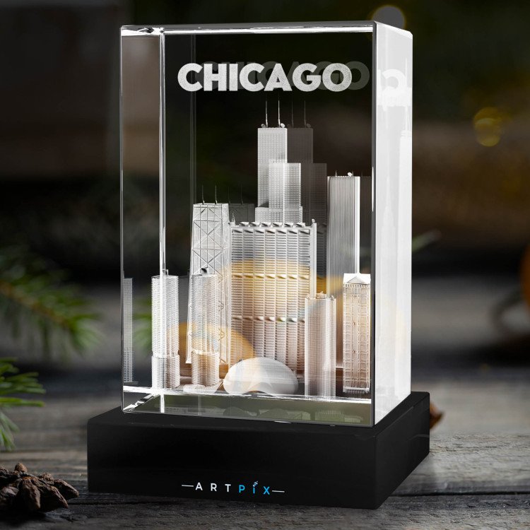 Chicago Landmarks Engraved Inside 3D Crystal - Souvenir from Chicago