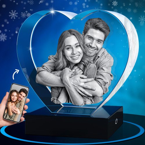 A photo of a couple in love engraved inside a 3D Crystal Heart. Xmas.