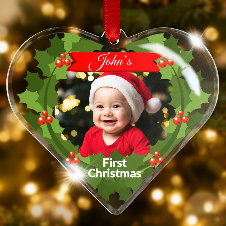 First Christmas Photo Glass Heart Ornament