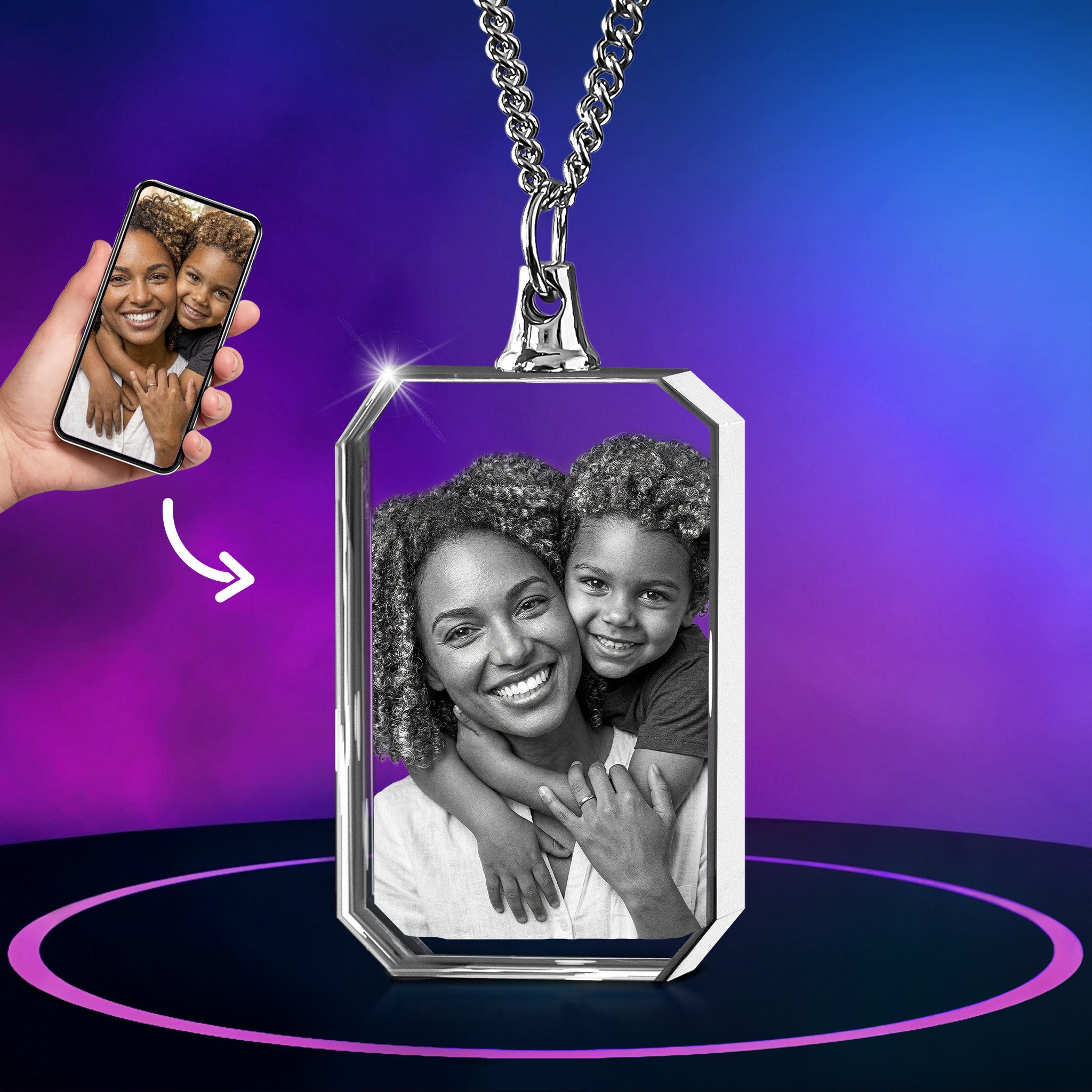 Engraved Rectangle Necklace: 3D Photo Crystal Pendant