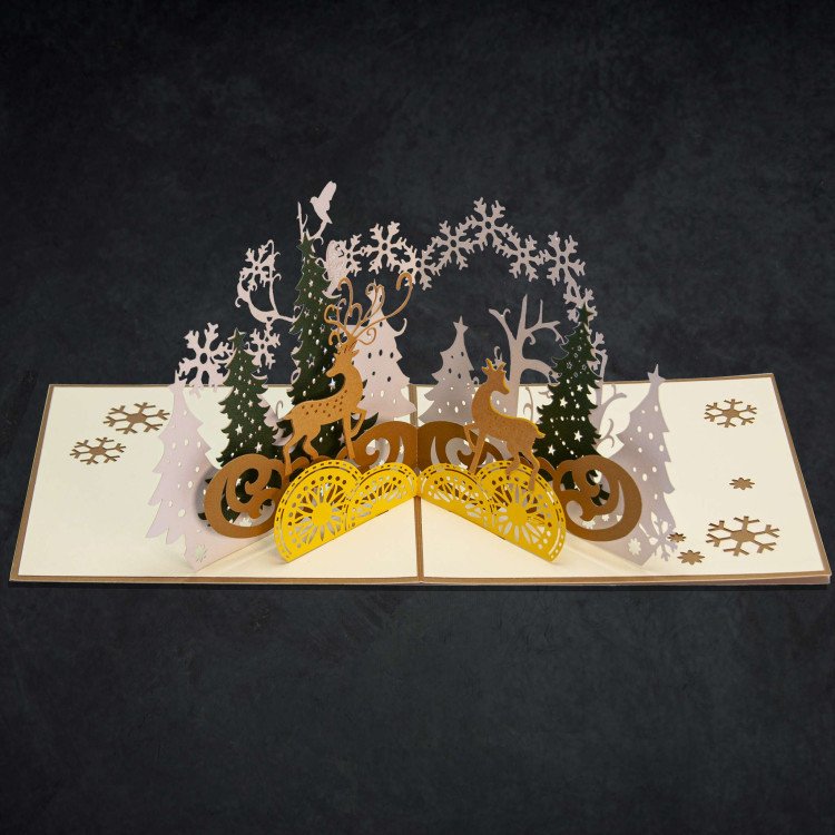 An open 3D Christmas greeting card with festive pop-up reindeer inside