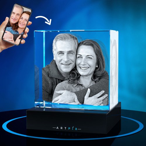 A photo of a loving hugging old couple inside 3D Glass Square
