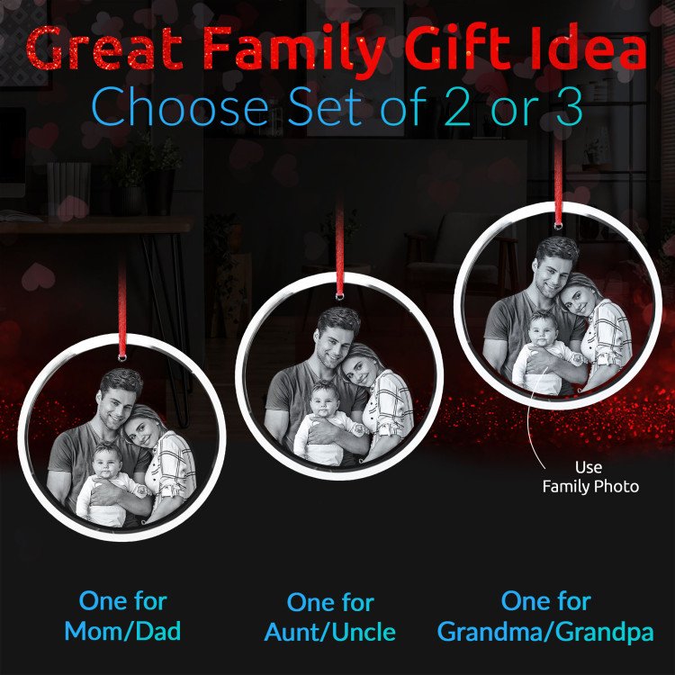 A 2D Crystal Ornament Round showcasing a photo of an attractive family
