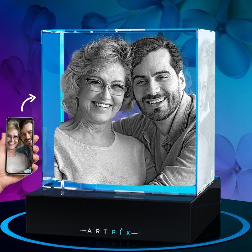 A 3D Crystal Square engraved with a picture of a smiling mother with son