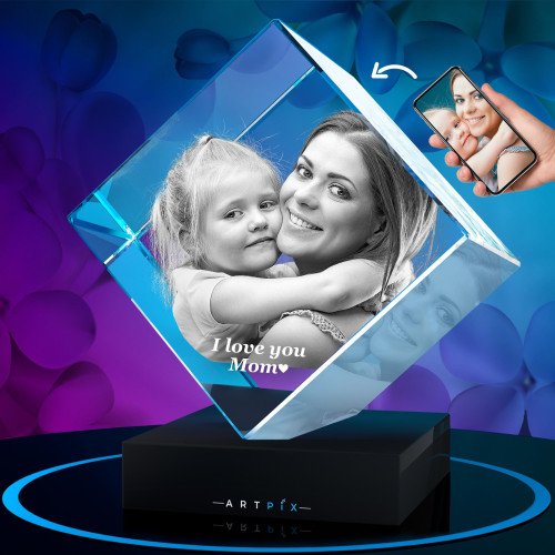 Picture of a 3D Crystal Diamond with a portrait of a loving mom and daughter engraved inside.