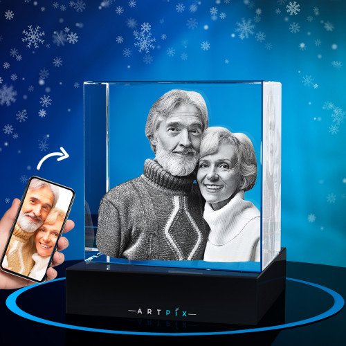 An image of Senior Couple inside a 3D Crystal Square. Xmas.