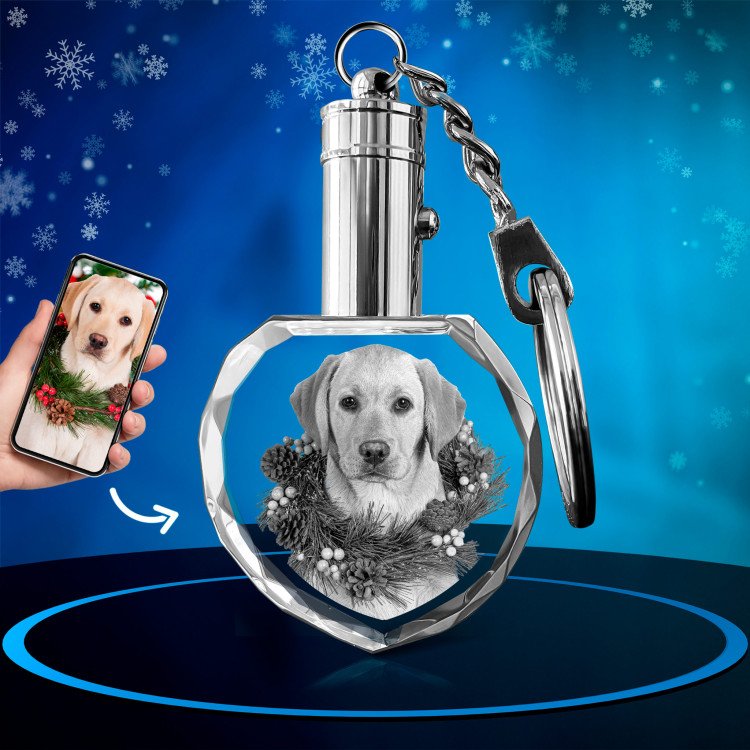 A heart-shaped keychain for dog lovers personalized with a beautiful pet photo. Xmas.