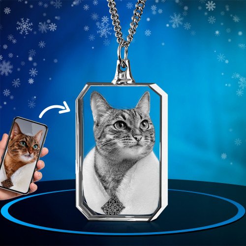A sweet pet portrait of funny cat engraved inside a 3D Necklace Rectangle. Xmas.