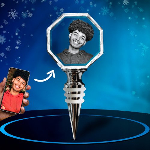 A photo of smiling young guy showcased inside a 2D Octagonal Wine Stopper. Xmas.