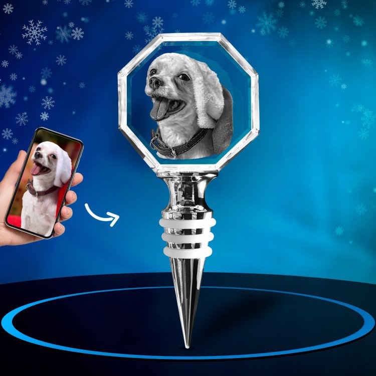 A happy puppy showcased inside an Octagonal Wine Stopper. Xmas.