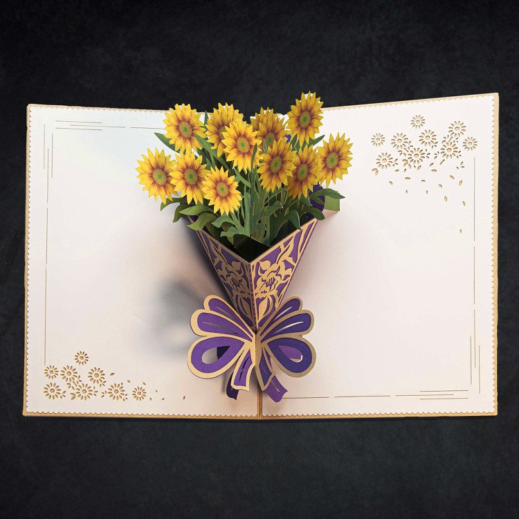 An open 3D Sunflower Set Card with a pop-up bouquet inside