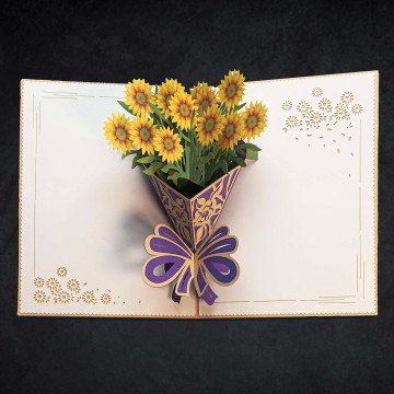 3D Sunflower Set Card An open 3D Sunflower Set Card with a pop-up bouquet inside