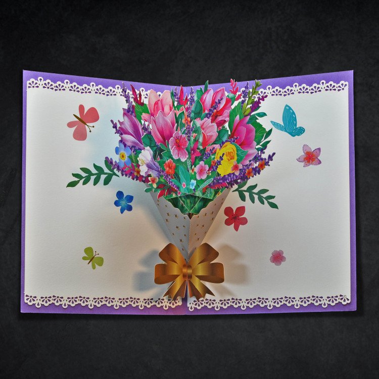 An open 3D Mix Flower Set Card with a colorful pop-up bouquet inside