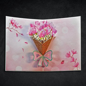 3D Pink Flower Set Card An open greeting card with a pop-up bouquet of pink flowers inside