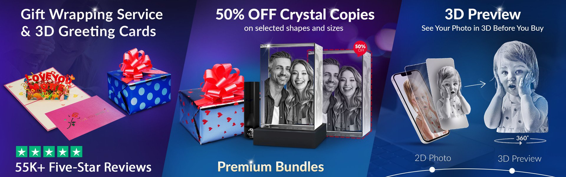 Custom 3D Photo Crystal Premium Bundles, 50% OFF Crystal Copies, Sale, Gift Options