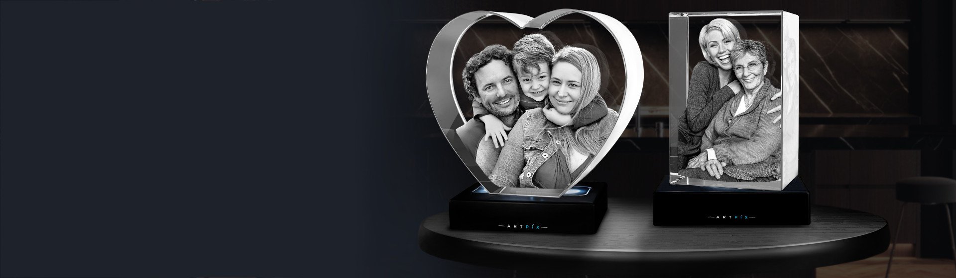 A 3D Crystal Heart with a photo of a family and 3D Rectangle with an old woman and her daughter-3840x1120