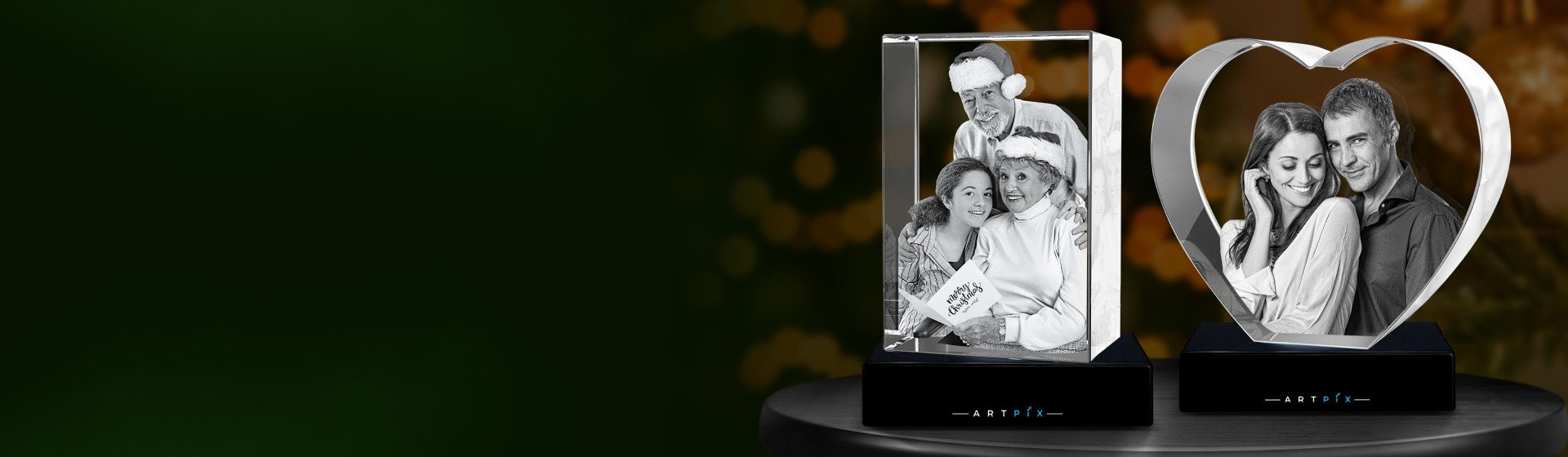 A grandparents with their granddaughter in 3D Crystal Rectangle and 3D Heart with middle-aged couple-3840x1120