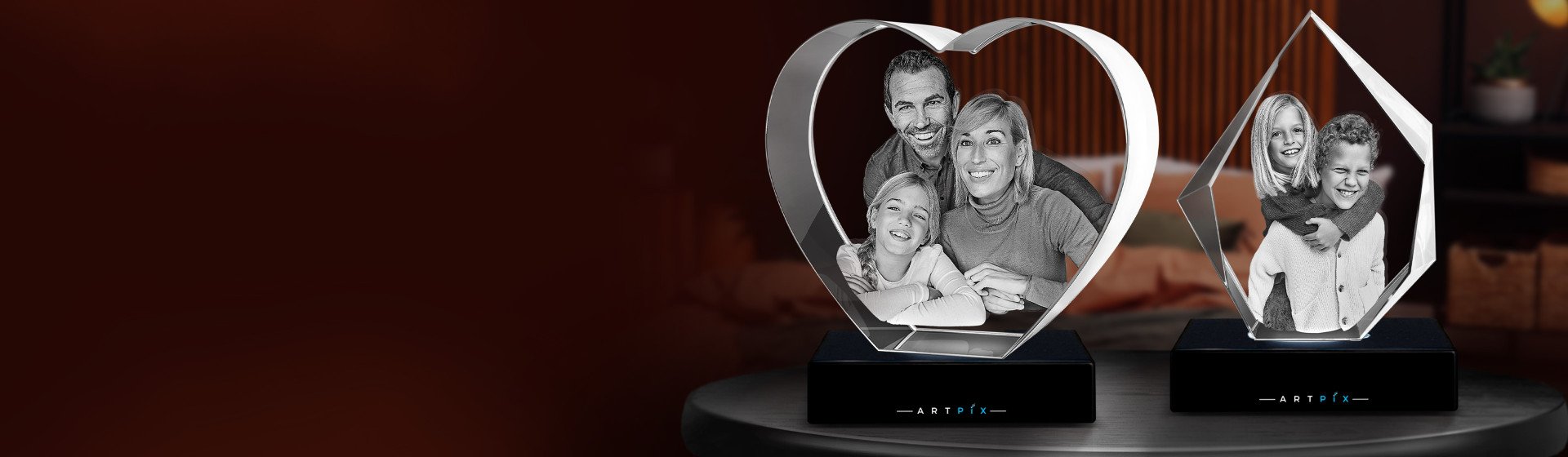 A 3D Crystal Heart with a photo of a family and 3D Iceberg with a brother-sister photo-3840x1120